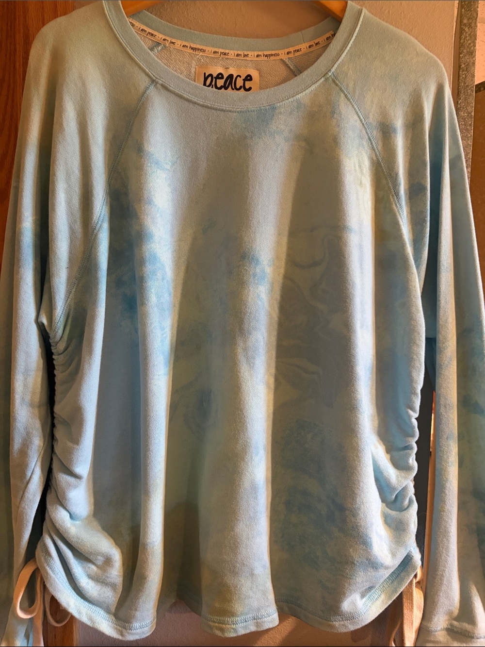 Peace Love World Light Blue Tie-Dye Ruched Side Long Sleeve Top